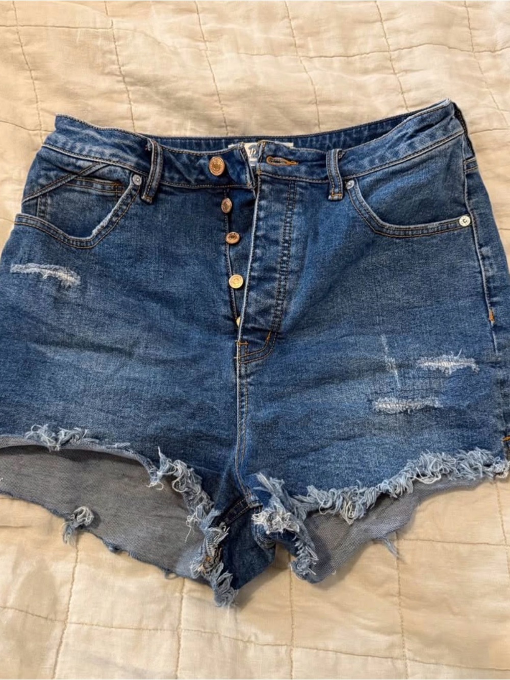 We The Free Raw Hem High-Rise Distressed Denim Shorts - Blue